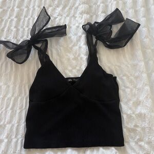 Elegant Black Organza Bow Strap Top